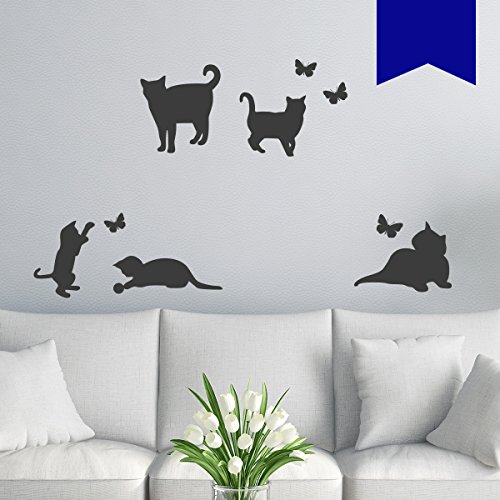 WANDKINGS Wandtattoo, 5 Katzen mit 4 Schmetterlingen im Set - Farbe und Größe wählbar