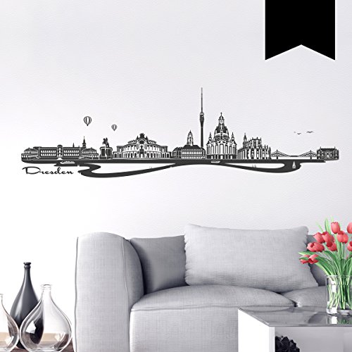 Wandkings Wandtattoo Skyline Dresden (mit Sehenswürdigkeiten und Wahrzeichen der Stadt) 100 x 28 cm schwarz - erhältlich in 33 Farben