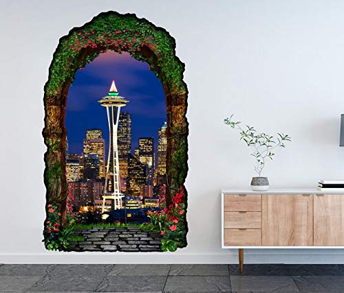 3D Wandtattoo geheime Tür Skyline Seattle USA Amerika Gartentor Gewölbe Durchbruch Wand Aufkleber Wandsticker 11FN370, Größe in cm:97cmx160cm