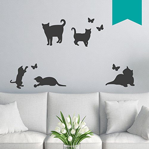 WANDKINGS Wandtattoo, 5 Katzen mit 4 Schmetterlingen im Set - Farbe und Größe wählbar