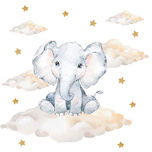 Pandawal Kinderzimmer Deko Wandtattoo Elefant mit Wolken Sterne Junge Mädchen Wandsticker Baby Safari Tiere Wandaufkleber (L, Elefant)