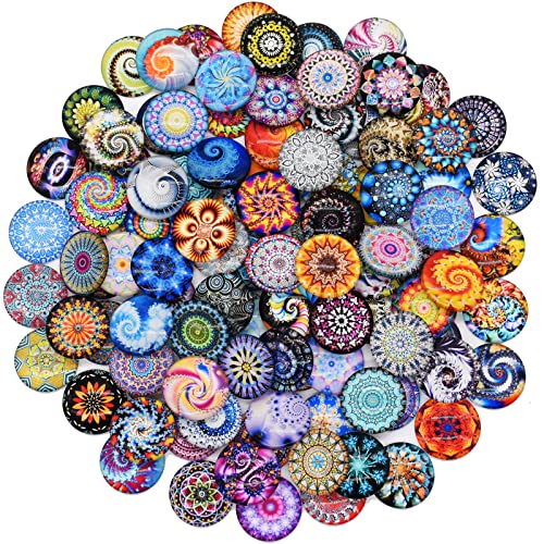100 Stück Gemischte Farbe Glassteine, 25mm Muggelsteine Bunt, Mischte Farbe Bunt Runde Mosaik Kuppel Glas Cabochons, Glassteine Deko für die Herstellung von Fotoschmuck, Blumenserie