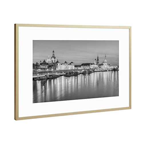 artboxONE Poster mit Rahmen Gold 30x20 cm Dresden Skyline schwarz-weiß von Michael Valjak - gerahmtes Poster