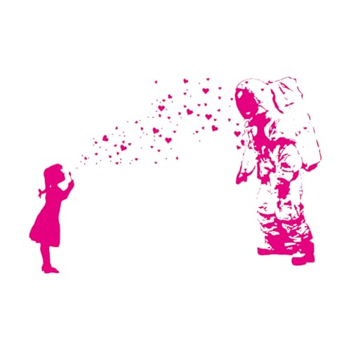 Wandtattoo ASTRONAUT & HERZBLASE Mädchen, Astronautentochter Wandaufkleber, Street Art Interior Design im Banksy-Stil-L-95x132cm-Rose Red