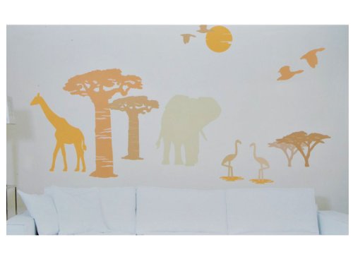 17 tlg. Set XXL Wandsticker Elefant Giraffe - Wandtattoo Affenbrotbaum Flamingo Aufkleber Wandaufkleber - selbstklebend für Wohnzimmer und Kinderzimmer Deko S..