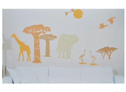 17 tlg. Set XXL Wandsticker Elefant Giraffe - Wandtattoo Affenbrotbaum Flamingo Aufkleber Wandaufkleber - selbstklebend für Wohnzimmer und Kinderzimmer Deko S..
