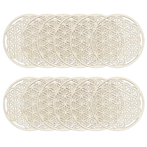 Set mit 12 Blume des Lebens Untersetzern aus Birkenholz, Elegante Untersetzer für Meditation und Heimdekoration, perfekt für das Esszimmer(10 cm Durchmesser)