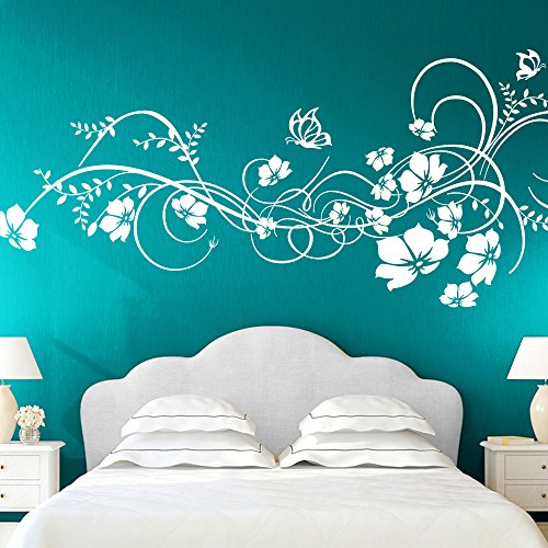 Wandora Wandtattoo Blumenranke + Schmetterlinge I weiß (BxH) 197 x 78 cm I Blumen Schlafzimmer Wohnzimmer Sticker Aufkleber Wandsticker Wandaufkleber G021
