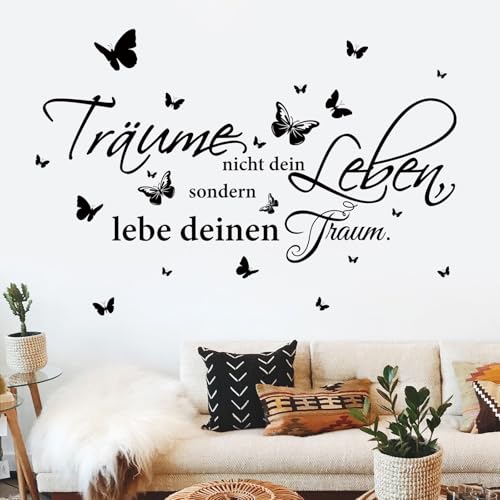 decalmile Wandtattoo Sprüche Träume Nicht Dein Leben Wandaufkleber Traum Sprüche und Zitate Schwarz Schmetterlinge Wandsticker Schlafzimmer Wohnzimmer Esszimmer Wanddeko