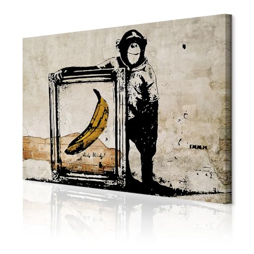 decomonkey Akustikbild Banksy Affe 90x60 cm 1 Teilig Leinwand Modern Bilder Wandbilder XXL Schallschlucker Schallschutz Akustikdämmung Wandbild Deko Leise Street Art