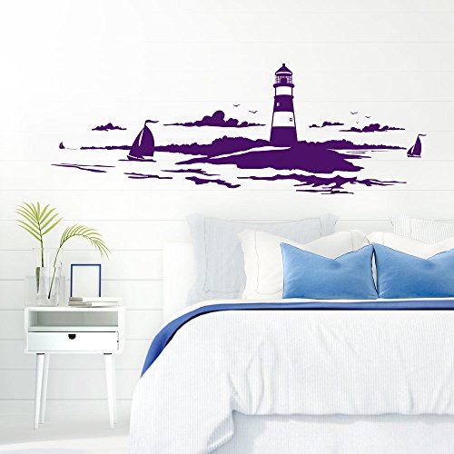 Grandora Skyline Küstenlandschaft Leuchtturm I violett 120 x 42 cm I Bad Wohnzimmer Schlafzimmer Aufkleber Wandaufkleber Wandsticker Modern W974
