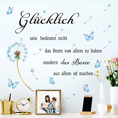 KAIRNE Wandtattoo Pusteblume,Schwarz Wandtattoo Sprüche,Schmetterlinge Löwenzahn Wandsticker für Wohnzimmer,Inspirierende Zitate Wandsticker,Glücklich Wandaufkleber für Schlafzimmer Büro Küche Deko