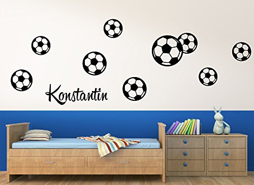 Grandora Wandtatto Wunschname + 9 Fußbälle I schwarz I Fußball Kinderzimmer Jungs Sticker Aufkleber Wandsticker Wandaufkleber Jungen Fussball W5032