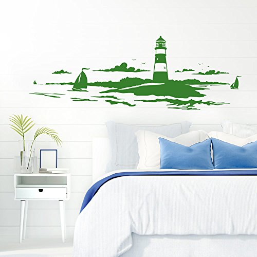 Grandora Skyline Küstenlandschaft Leuchtturm I grasgrün 120 x 42 cm I Bad Wohnzimmer Schlafzimmer Aufkleber Wandaufkleber Wandsticker Modern W974