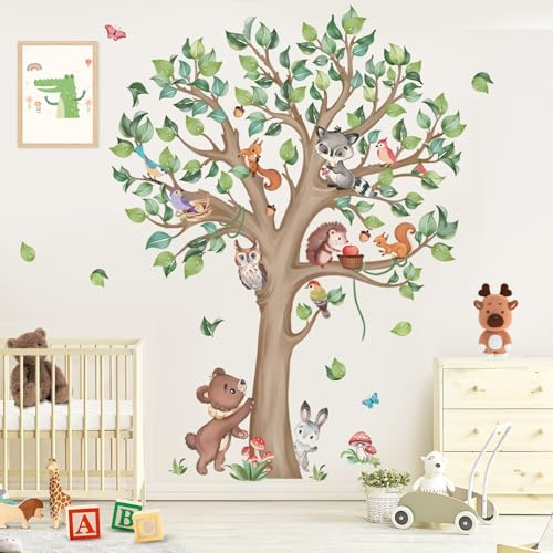 wondever Wandtattoo Kinderzimmer Groß Baum Wandaufkleber Waldtiere Bär Eule für Kinderzimmer Babyzimmer Schlafzimmer (H:135cm)