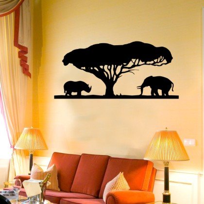 WANDTATTOO / Wandsticker w550 Afrika / Steppe Nashorn mit Löwe 125x55 cm, gruen