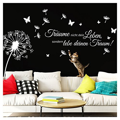 Wandaro Wandtattoo Pusteblume Träume Nicht Dein Leben I weiß (BxH) 150 x 103 cm I Spruch Wohnzimmer Aufkleber Wandaufkleber Wandsticker Zitat W3427