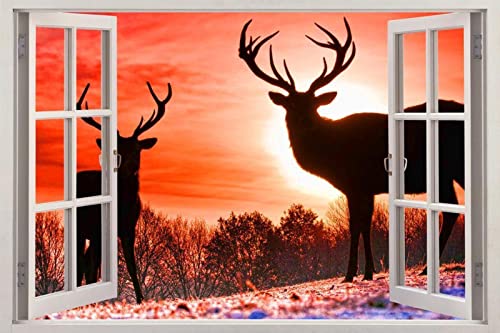 NBKLSD Wandtattoo Hirsche im Sonnenuntergang 3D-Fensteransicht-Aufkleber, Wandaufkleber, Heimdekoration, Kunstwand，70x100cm