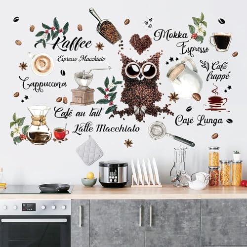 47 Stück | Wandtattoo Kaffeesorten | Kaffee Eule Kaffeebohnen Kaffeetasse Wandaufkleber | Kaffee Wanddeko Geschenke für Wohnzimmer Esszimmer Kaffee-Bar Küche Kühlschrank Schrank