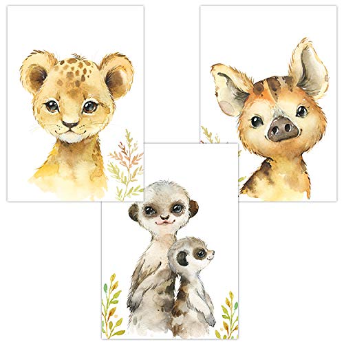 Olgs Kinderzimmer Bilder 3er Set | Poster Deko Wandbilder Safari Wandposter DIN A4 | Wanddeko für Babyzimmer | Babys Löwe Erdmännchen Wildschwein