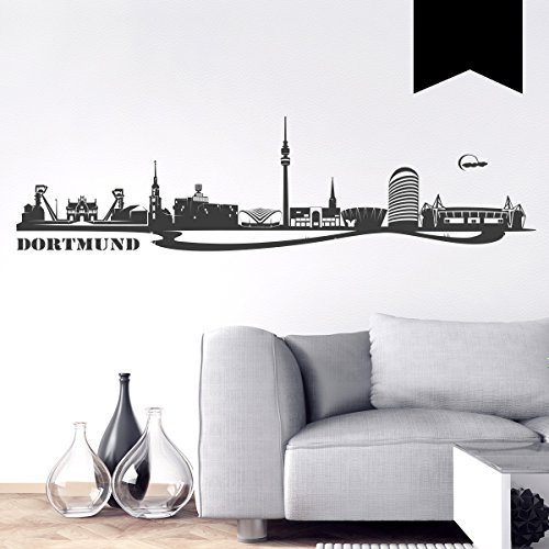 Wandkings Wandtattoo Skyline Dortmund (mit Sehenswürdigkeiten und Wahrzeichen der Stadt) 150 x 39 cm schwarz - erhältlich in 33 Farben