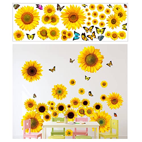 Wandsticker Blumen,Abnehmbare Baum Blätter Wandaufkleber, Wandtattoo Pflanzen,Wandtattoo Sonnenblume Schmetterling Wandsticker Garten Blumen Wandaufkleber Schlafzimmer Wohnzimmer Fenster Wanddeko
