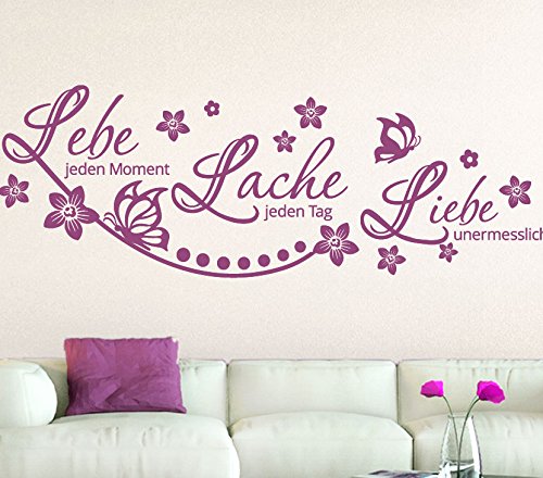 Wandora Spruch Lebe Lache Liebe + Blumenranke & Schmetterlinge I Flieder (BxH) 120 x 46 cm I Wandtattoo Schlafzimmer Wandaufkleber Wandsticker Aufkleber G037