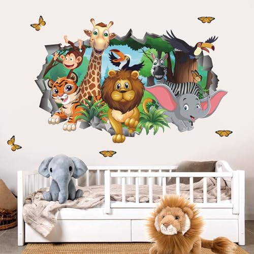 ANHUIB Wandtattoo 3D Dschungel Tiere,3D Tier Wandaufkleber,Wandsticker Elefant Tiger Lion Giraffe Zebra,Wandaufkleber Babyzimmer Deko,Wandtattoo Tiere Kinderzimmer Jungen MädchenSchlafzimmer Wanddeko