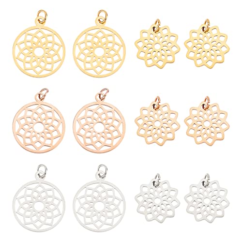 DICOSMETIC 12 Stück 2 Stile Hohl Blumen Charm 3 Farben Blumen Anhänger Edelstahl Filigrane anhänger 16/19mm Blume des Lebens Charme Chakra Charme Für Die Schmuckherstellung, Bohrung: 3mm