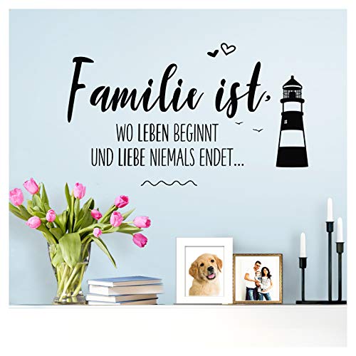 Wandaro Wandsticker Spruch Familie ist + Leuchtturm | schwarz 58 x 34 cm | Wandaufkleber Flur Wandspruch Wohnzimmer Wandtattoo Aufkleber W3475