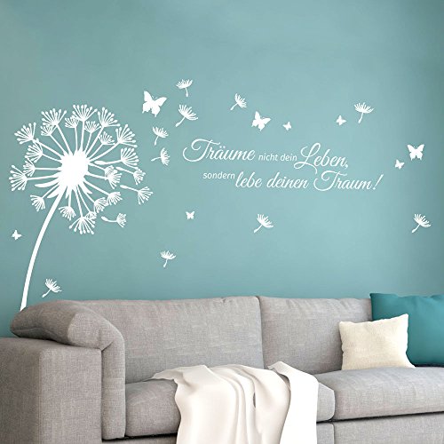 Grandora Wandtattoo Pusteblume Zitat Träume Nicht Dein Leben I weiß (BxH) 125 x 86 cm I Löwenzahn Wohnzimmer Wandsticker Wandaufkleber Aufkleber W5479