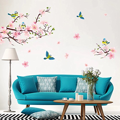 WandSticker4U- XL Wandtattoo PFIRSICHBLÜTE mit Vögeln Rosa I Wandbilder: 170x85 cm I Wand-aufkleber Kirsch Sakura Blumen Ast Baum-Zweig Sticker I Deko für Wohn-Schlafzimmer Kinderzimmer Flur Küche