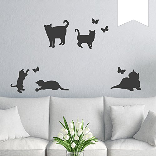WANDKINGS Wandtattoo 5 Katzen und 4 Schmetterlinge im Set 32 x 40 cm weiß - erhältlich in 33 Farben