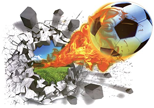 WandSticker4U®- 3D Wandtattoo FUSSBALL mit Feuer I Wandbild: 70x50 cm I Wandsticker Kinder WM EM Stadion Arena Mauer Tür-aufkleber Poster I Wand Deko für Kinderzimmer Jugendzimmer Junge