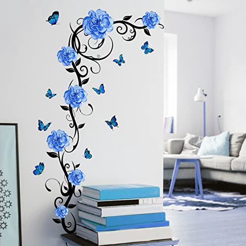 HGDESIGN® Wandtattoo Wandaufkleber Wandsticker Blau Pfingstrose Rose Blumenranke Wohnzimmer Schlafzimmer Wanddeko Home dekor