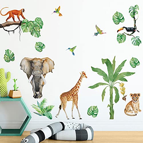decalmile Wandtattoo Dschungel Safari Tiere Wandaufkleber Elefant Giraffe Tropische Blätter Wandsticker Kinderzimmer Wohnzimmer Babyzimmer Wanddeko