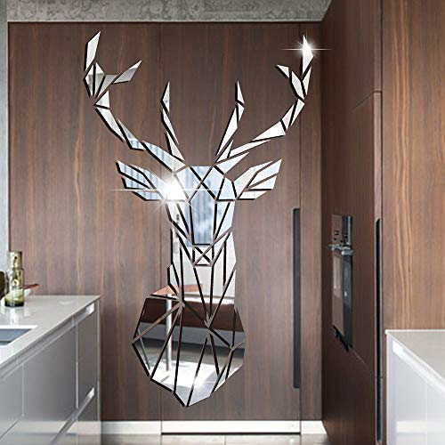 3D Spiegel Hirsch Wandtattoos Wandbilder Dreidimensionale Wandaufkleber Aufkleber DIY Deko Wandtattoo Wohnzimmer Schlafzimmer Tv Sofa Hintergrund Wandkunst Wandsticker (M, Silber)