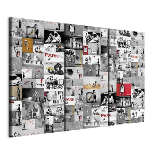 B&D XXL - Akustikbild Banksy Collage Bilder Akustikschaum Hochleistungsschallabsorber Schallschutz Leinwand 3 tlg Wandbild Raumakustik Schalldämmung i-C-0089-b-h