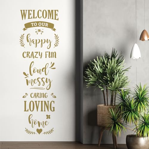 Wandtattoo mit Aufschrift  Welcome to Our Happy Loud Messy Caring Loving Home , goldfarben