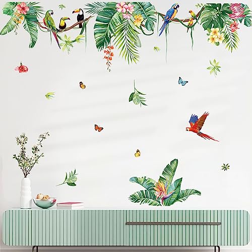 wondever Wandtattoo Tropische Blätter Grüne Wandaufkleber Blumen Pflanzen Vögel Wandsticker Wanddeko für Schlafzimmer Wohnzimmer TV Wand (W:140cm)