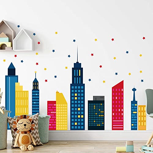 Runtoo Wandtattoo Stadt Skyline Wandsticker Gebäude Sterne Buntes Wandaufkleber Babyzimmer Schlafzimmer Kinderzimmer
