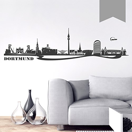 WANDKINGS Wandtattoo Skyline Dortmund (mit Sehenswürdigkeiten und Wahrzeichen der Stadt) 185 x 48 cm Mittelgrau - erhältlich in 33 Farben