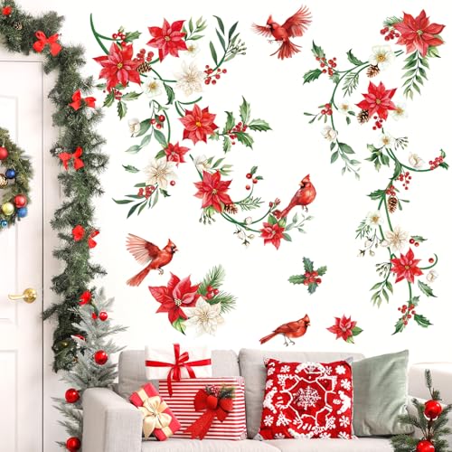 decalmile Weihnachten Fenster Wandtattoo Weihnachtsblumen Wandaufkleber Kardinal Vogel Weihnachten Blumen Rebe Wandsticker Wohnzimmer Weihnachten PartyWeihnachtsdeko