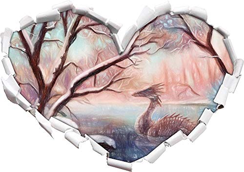 KAIASH 3D Wandsticker Drache im schneebedeckten Wald Kunst Buntstift Effekt Herzform im 3D Look Wand oder Türaufkleber Wandsticker Wandtattoo Wanddekoration 62x43cm