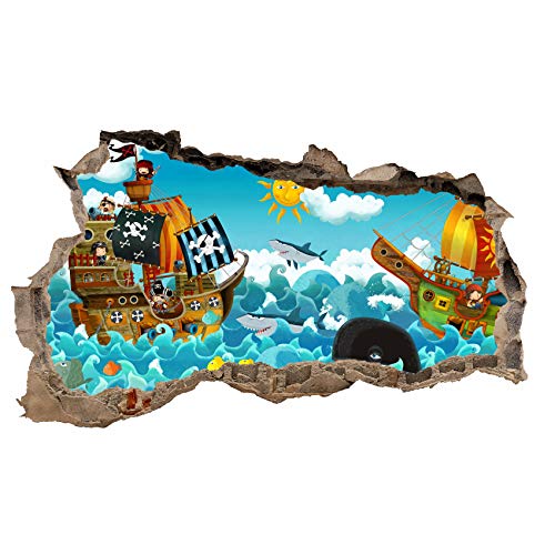 3D Wandtattoo Mauerloch Wandsticker Wandaufkleber Durchbruch Kinder selbstklebend H 60 x B 100 Schlafzimmer Kinderzimmer (WL39 Comic Piraten)