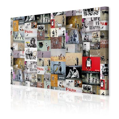 decomonkey Akustikbild Banksy 120x80 cm 1 Teilig Leinwand Modern Bilder Wandbilder XXL Schallschlucker Schallschutz Akustikdämmung Wandbild Deko Leise Street Art Collage