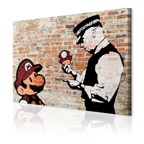 decomonkey Akustikbild Mario and Cop Banksy 120x80 cm 1 Teilig Leinwand Modern Bilder Wandbilder XXL Schallschlucker Schallschutz Akustikdämmung Wandbild Deko Leise Street Art Ziegel