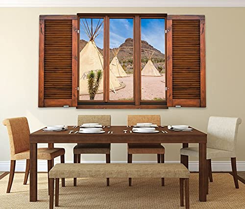 3D Wandtattoo Fenster Rustikal Indianer Dorf Zelt Amerika Berg Vintage Wand Aufkleber Wanddurchbruch Wandbild 11RS864, Wandbild Größe F:ca. 97cmx57cm