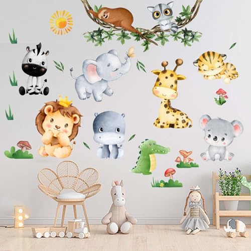Amimagen Wandtattoo Dschungel-Wandaufkleber mit Tier Babys – Elefant Löwe Tiger Giraffe Wandaufkleber – Kinderzimmer Mädchen Jungenzimmer Kindertagesstätte Spielzimmer Klassenzimmer Wanddekoration