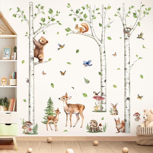 decalmile Wandtattoo Baum Birke Groß Waldtiere Wandsticker Tiere Bär Hirsche Hase Wandaufkleber Babyzimmer Kinderzimmer Schlafzimmer Wanddeko